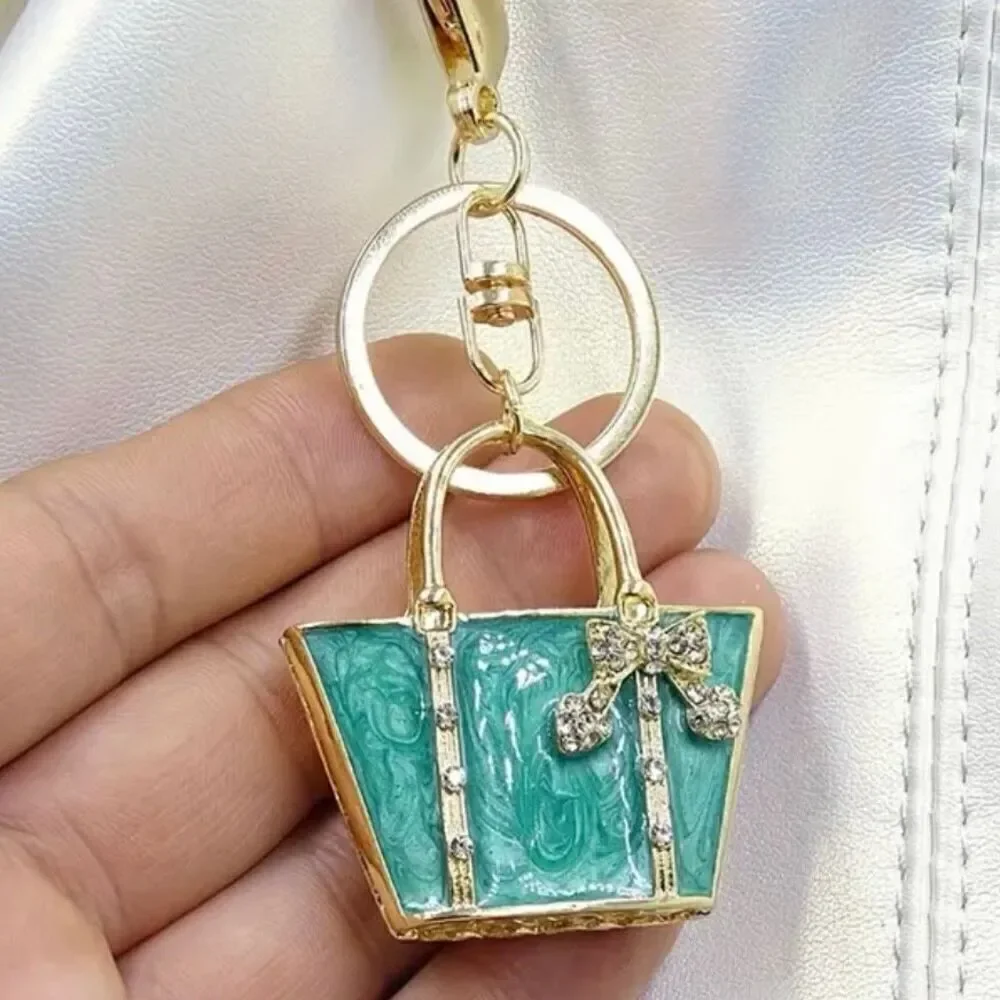 NWT Gorgeous Green & Gold Metal Bling Purse Handbag Lobster Keyring Key holder